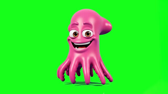 A friendly 3D animated pink squid character with large eyes, tentacles, and a wide happy smile perform a floating animation against a chroma key background. Perfect for children's educational content 