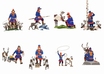 Naklejka premium Set of traditional Sami people illustrations herding, feeding, and caring for reindeer in the Arctic region, featuring traditional Gakti clothing.