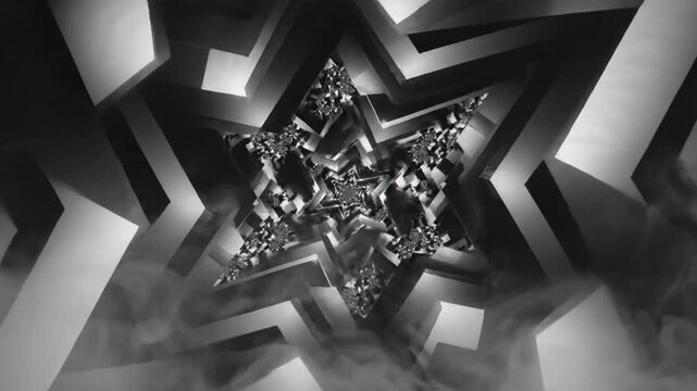 Abstract star tunnel visual in black and white with fractal-like repetitive geometric pattern for artistic or design use