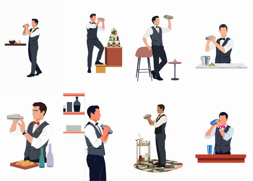Set of professional male bartender characters in formal attire using cocktail shakers to mix drinks, isolated on white background.