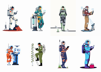 Comprehensive collection of astronauts in colorful suits performing scientific research and technical tasks on an extraterrestrial planetary base environment. © dewi