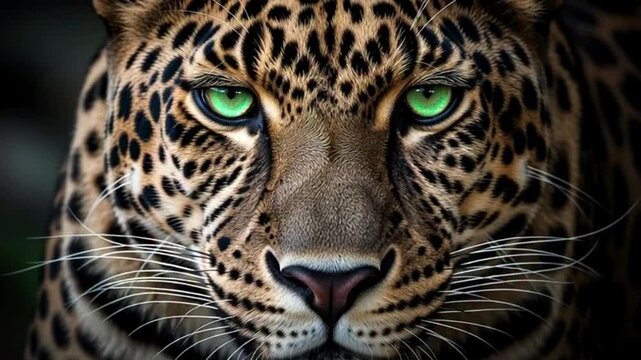 Hyper Realistic Panther Face with Glowing Green Eyes Dark Background Wildlife Portrait