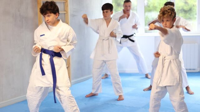 Group of children posing together, practicing karate moves at class indoor in sports gym 