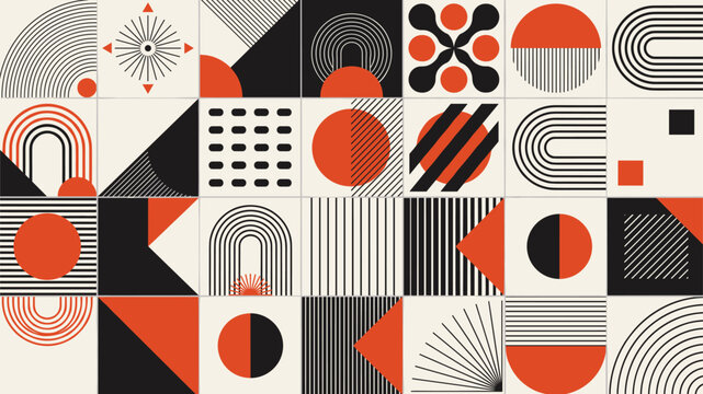 Abstract Bauhaus Retro Geometric Pattern Vector Set &ndash; Minimalist Black Orange White Grid Shape Design Elements for Background