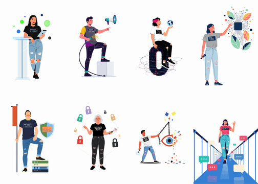 Illustrations of people advocating for digital rights, privacy, encryption, open source, and internet freedom in a flat vector style.