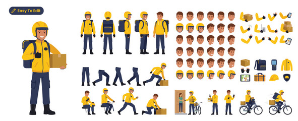 Fototapeta premium Male Delivery Man Character Constructor Kit Vector – Courier with Multiple Poses Expressions and Logistics Accessories