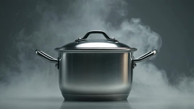 Steaming metal pot with a lid on a dark kitchen background during the cooking process
