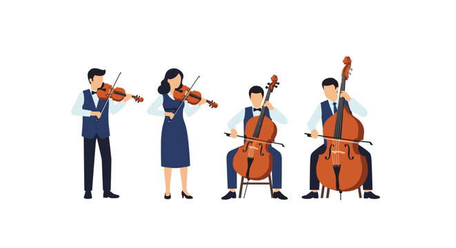 A professional string quartet consisting of four faceless musicians in formal blue vests performs together against a bright white background with elegant poses.