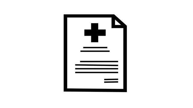 Medical document technology icon animation with black health report file and cross symbol showing healthcare data concept on white background 4k visuals