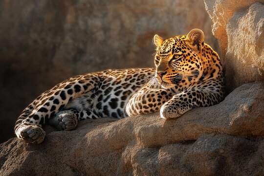 Sunlit leopard with spotted coat lounging on a warm rocky ledge, relaxed yet alert with a serene golden gaze