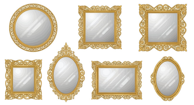 Collection of ornate golden frames and reflective mirror surfaces displayed