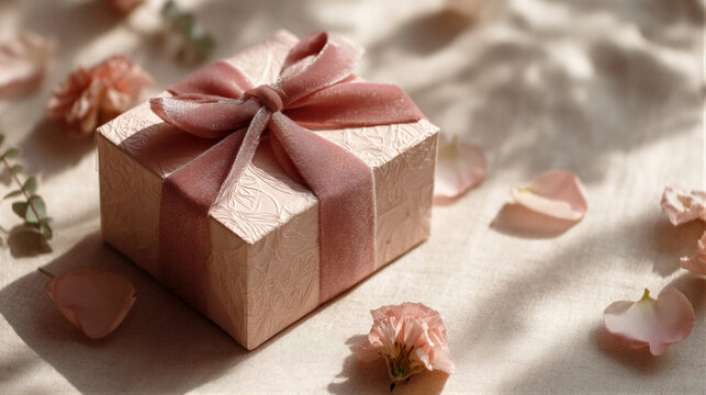 Elegant Mother's Day gift box with matte texture and velvet ribbon bow, pink carnation. Soft morning light with bokeh. Morandi red and cream white. Negative space for text. For banner or media.