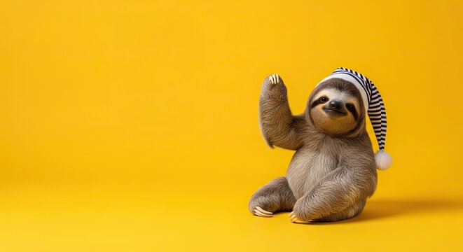 Another adorable sloth waving while wearing a striped nightcap on a yellow background.
