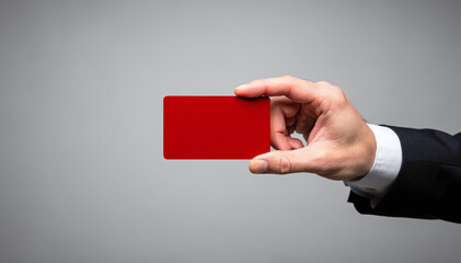 Obraz premium Business Person Hand Hold Blank Red Card with Copy Space against Gray Background