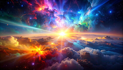 Cosmic nebula with bright sunlight