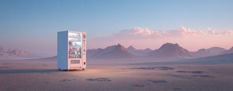 Solitary vending machine in a vast desert landscape
