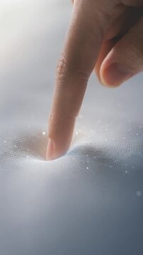 Finger pressing soft material loop demonstrating skin elasticity memory foam and sensory wellbeing
