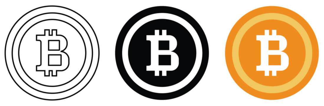 Set of three bitcoin icons in different styles, including outline, solid black, and flat orange design, representing cryptocurrency and digital finance concepts