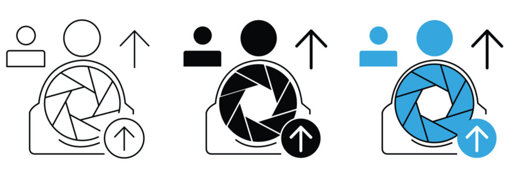 Camera shutter icon with upload arrow, photography upload symbol, vector illustration of a camera lens with an upward arrow for media sharing or cloud storage