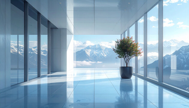Modern office hallway with scenic view