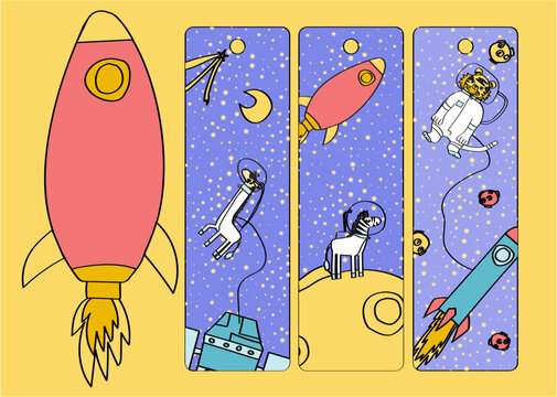 Hand-Drawn Space Adventure Bookmarks with Astronaut Animals