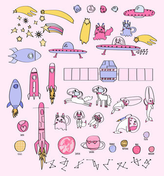 Cute Hand Drawn Space Elements Collection with Animals and Planets