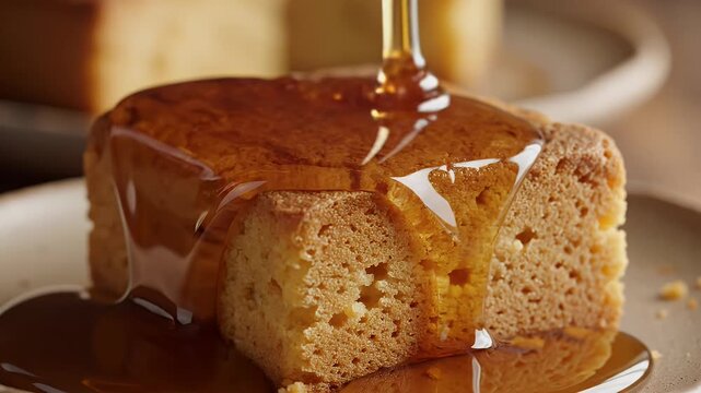 Fresh square sponge cake piece drizzled with golden syrup on a rustic plate close-up