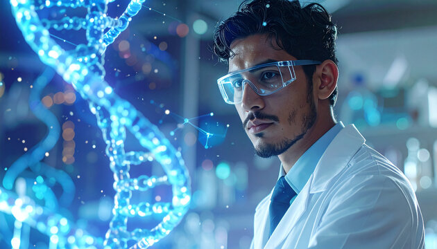 Scientist studies dna structure illustration