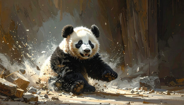 Panda bear in action breaking through