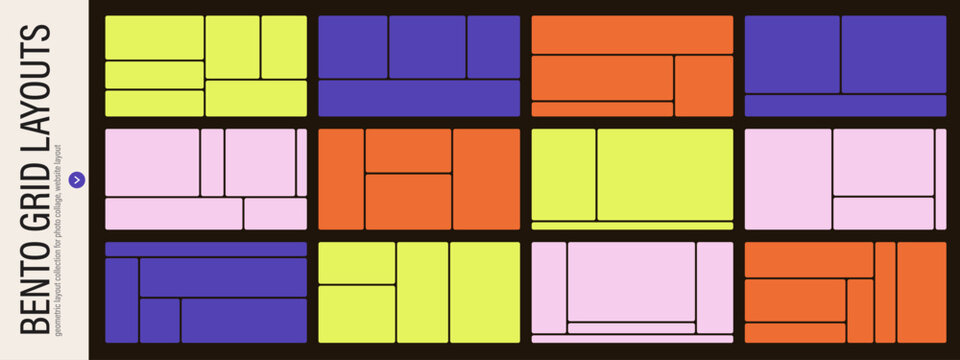 Bento grid template collection. Asymmetric shapes for trendy web interfaces and content collages. Minimalist design blocks.