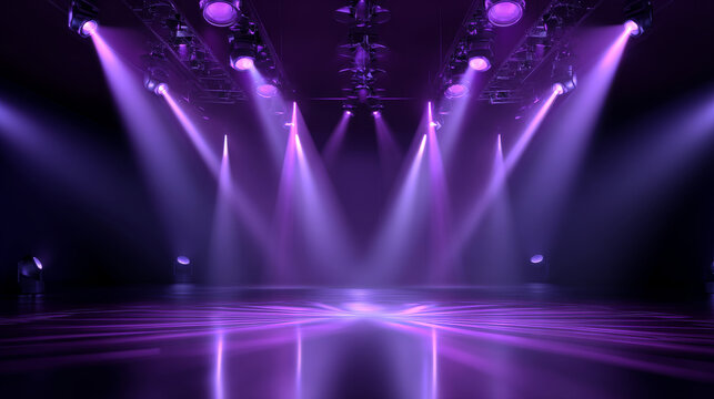 Background of empty room with spotlights and lights, abstract purple background with neon glow