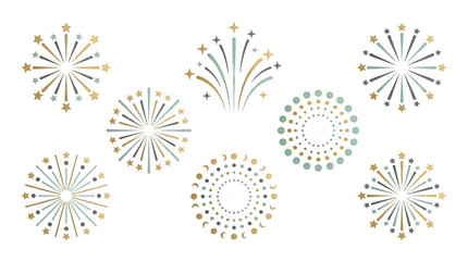 Obraz premium Collection of gold and green fireworks on transparent background for celebration