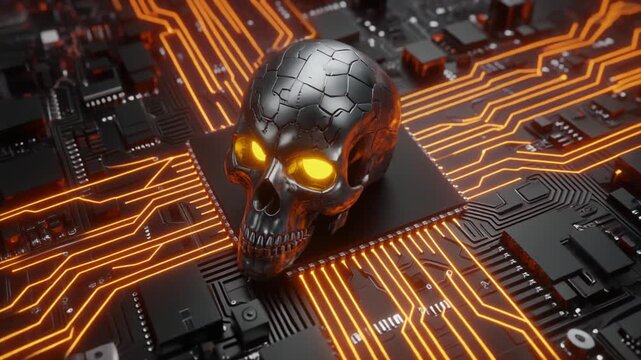 Metallic skull with glowing orange eyes on microchip, circuit board illuminated with bright orange pathways, cybernetic AI fusion theme.