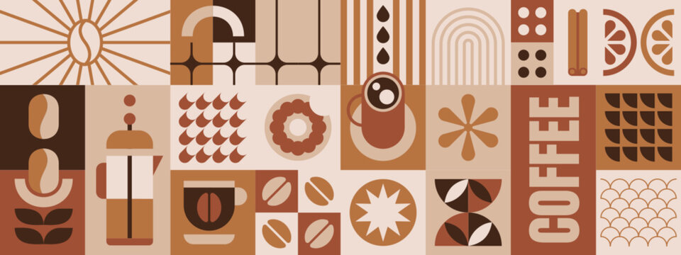 Abstract geometric coffee pattern with beans, hot drink cups, with drops, leaves, bauhaus elements simple shapes. Vector minimalist seamless background, design template for cafe cover, menu, packaging