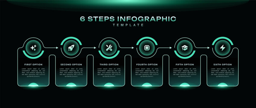 Timeline dark infographic template with 6 step journey and neon green elements. Modern business presentation graph, editable vector with icons, ideal for workflow, data visualization design.