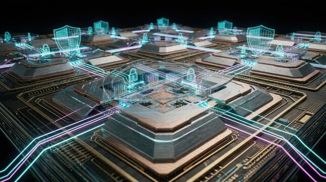 Trusted compute chip cluster with secure data links showcasing AI security infrastructure and semiconductor protection