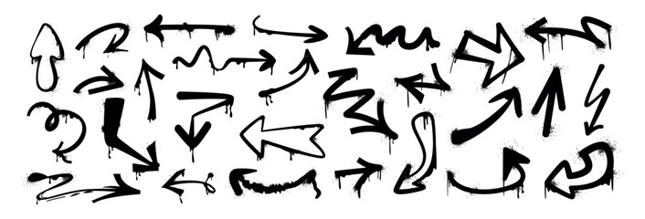 Hand drawn brush stroke arrows different shapes. Black bold curly, wavy or squiggly arrow vector set. Spray paint graffiti direction graphic design elements with drips, splatters in retro grunge style © redgreystock