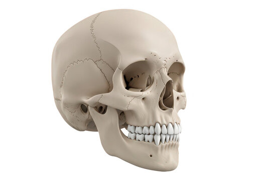 Detailed human skull illustration with visible sutures and teeth on transparent background