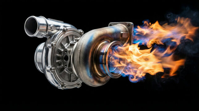 Car turbocharger with a polished silver compressor and a heat-stained turbine housing. Fierce orange and blue flames with smoke jet from the exhaust end. Black background. Power.