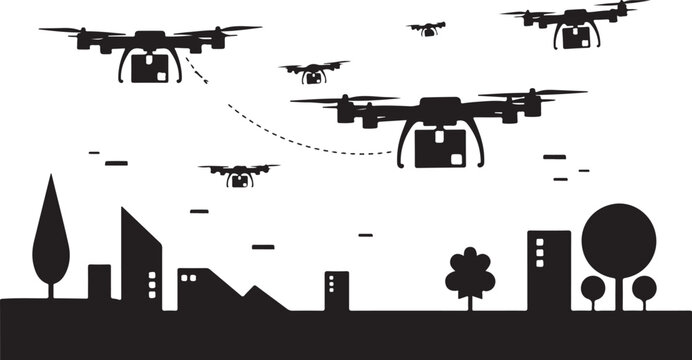 Drone, cityscape, silhouette, black, vector graphics, 8 drones