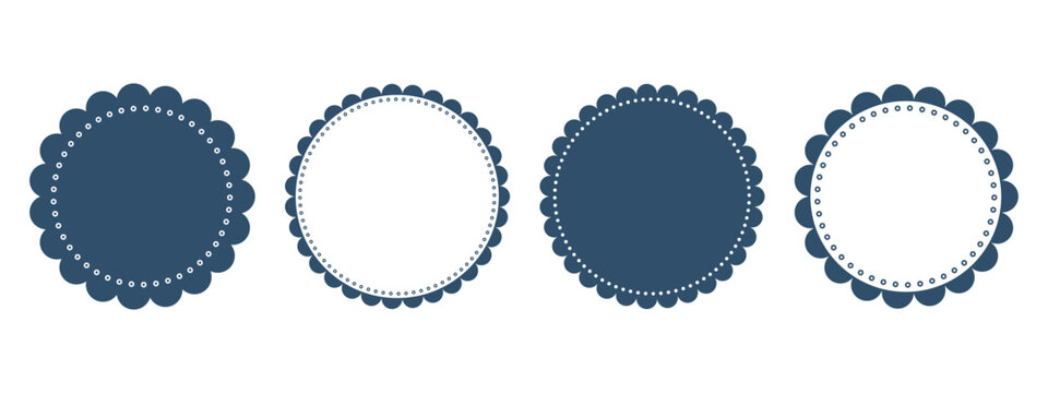 Blue scallop frame background. Small round dots, spots, circles line the inner border. Vector wavy edge design. Circular shape template for badge or stamp. Simple icon backdrop for sticker design.
