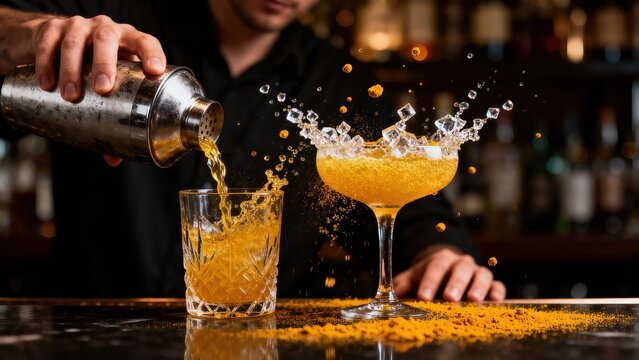 Bartender pouring orange cocktail into glass at bar high detail professional stock image with natural lighting, modern composition, commercial use ready, visually appealing scene for marketing and bra