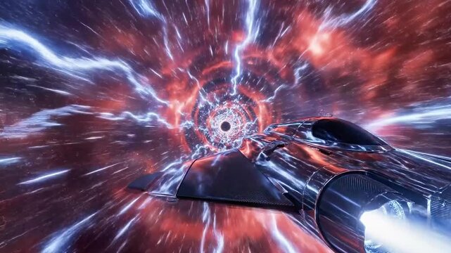 A futuristic spaceship hurtles through a vibrant, electric blue and red wormhole