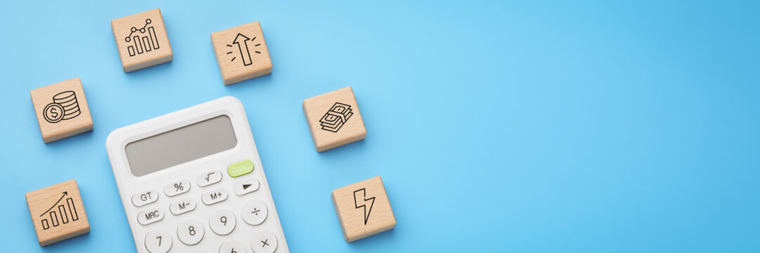 Calculator with wooden blocks and growth icons for ROI profit analytics banner