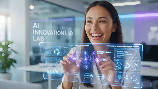 Businesswoman Using AI Interface in Modern Office