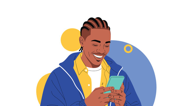 Young man with braids wearing a blue jacket smiling while looking at his mobile phone screen on a white background.