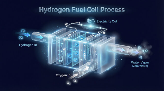 Hydrogen fuel cell process glows. Hydrogen diagram shows fuel cell layers with oxygen input, electron flow, electricity output, water vapor release, clean energy concept for technology education