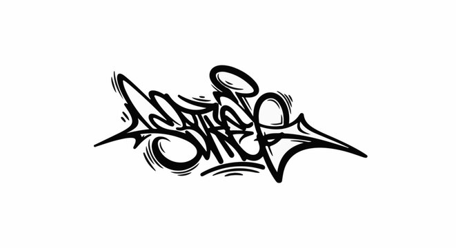 Dynamic black graffiti lettering with sharp angles and flowing curves