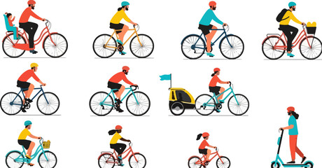 Obraz premium Flat vector people riding bicycles and scooters, diverse cyclists set with bike trailer and child seat, urban eco-friendly transportation collection