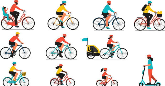 Flat vector people riding bicycles and scooters, diverse cyclists set with bike trailer and child seat, urban eco-friendly transportation collection